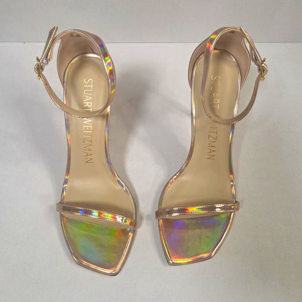 Stuart Weitzman Womens 7.5 Holographic Rose Gold Strap Sandals 4" Stiletto Heels